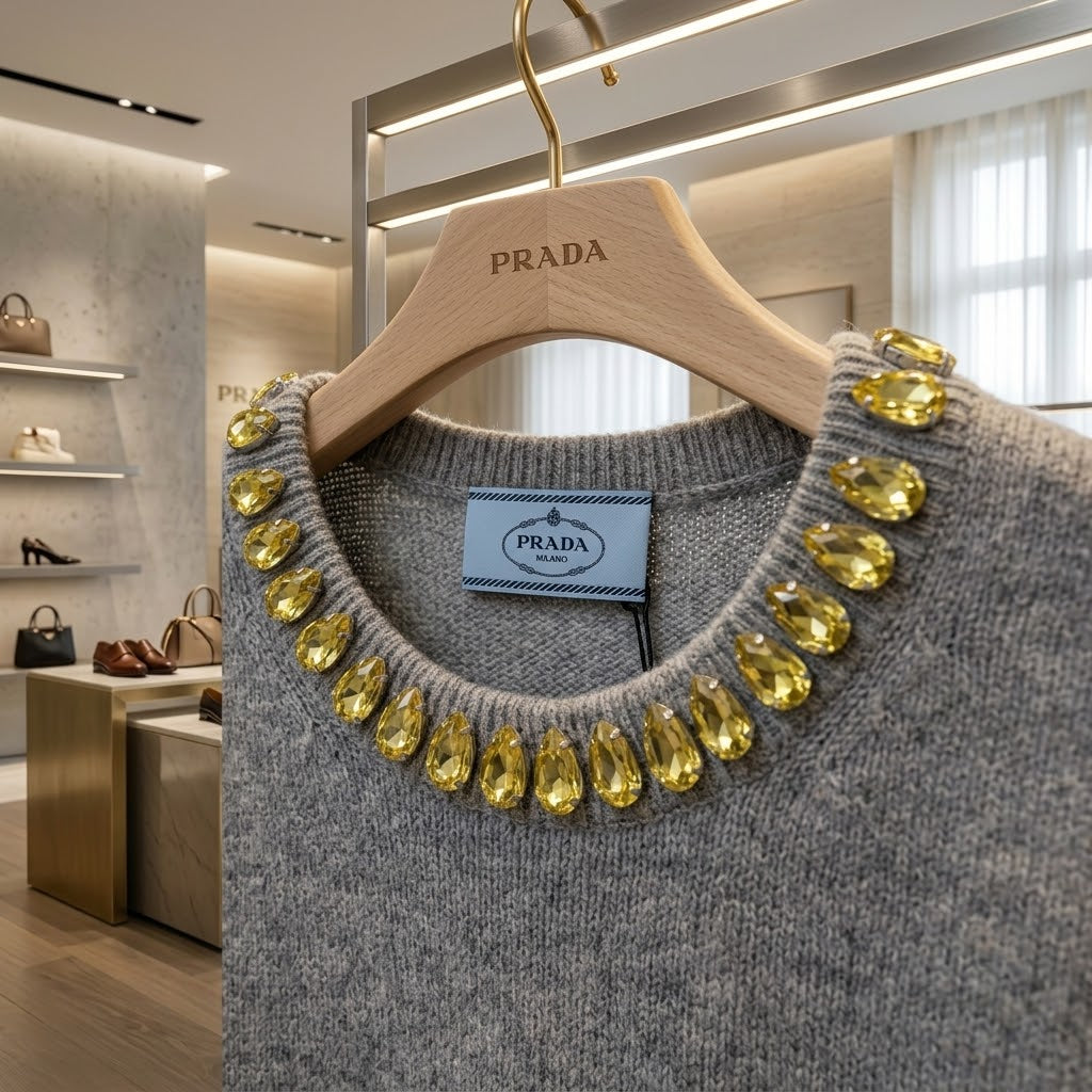 Prada Embellished-Neck Short-Sleeve Knit Top