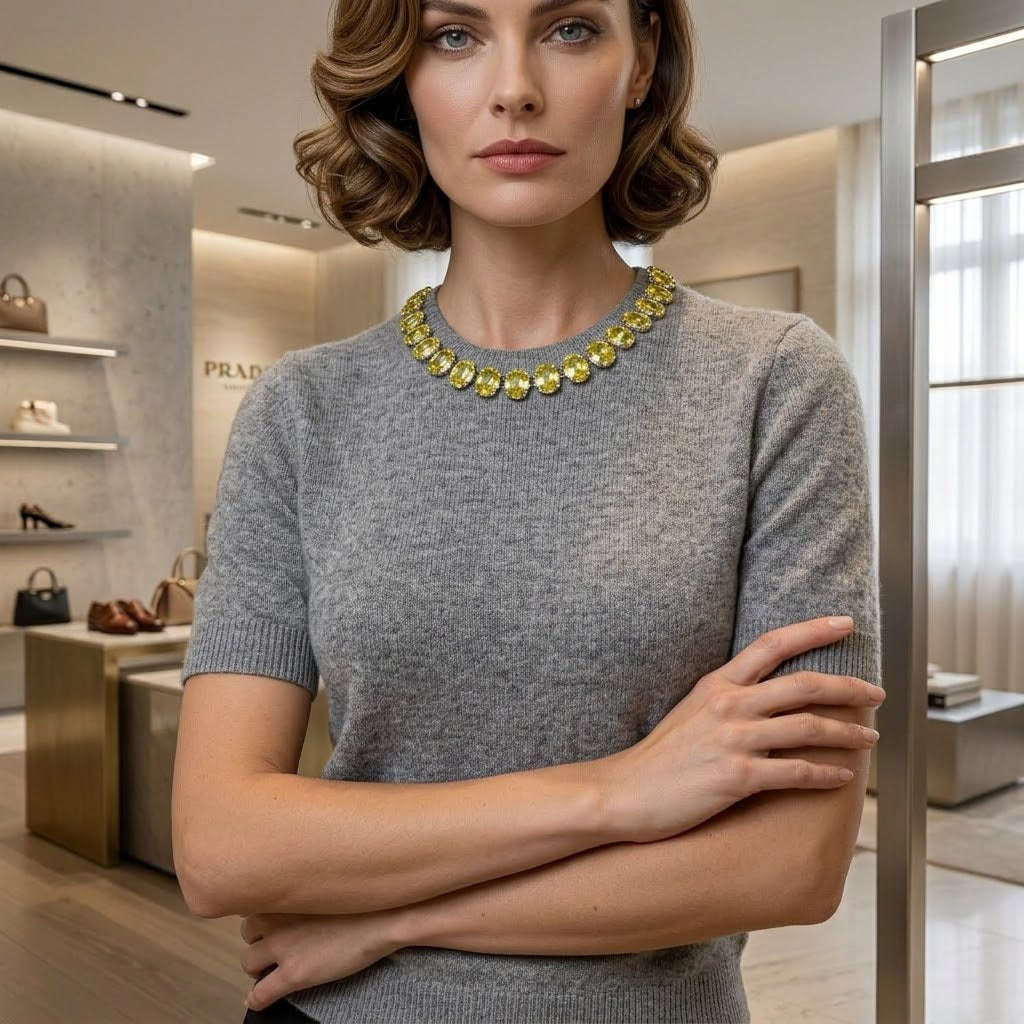 Prada Embellished-Neck Short-Sleeve Knit Top