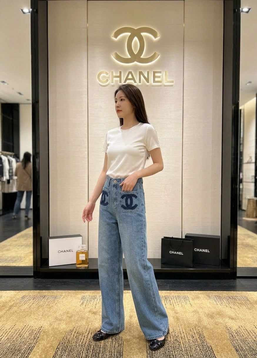 CHANEL Logo-Pocket Wide-Leg Jeans