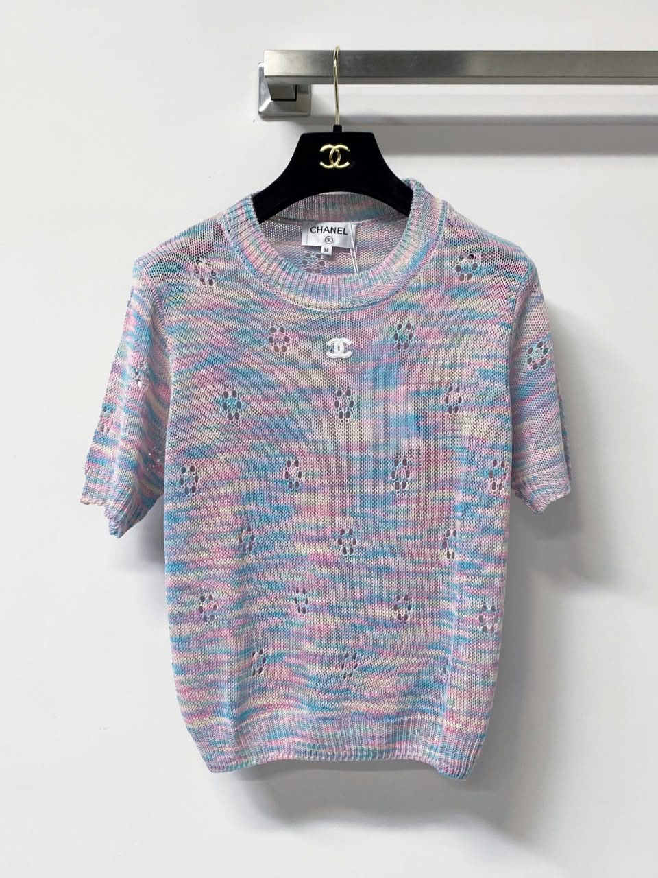 CHANEL Openwork Short-Sleeve Knit Top