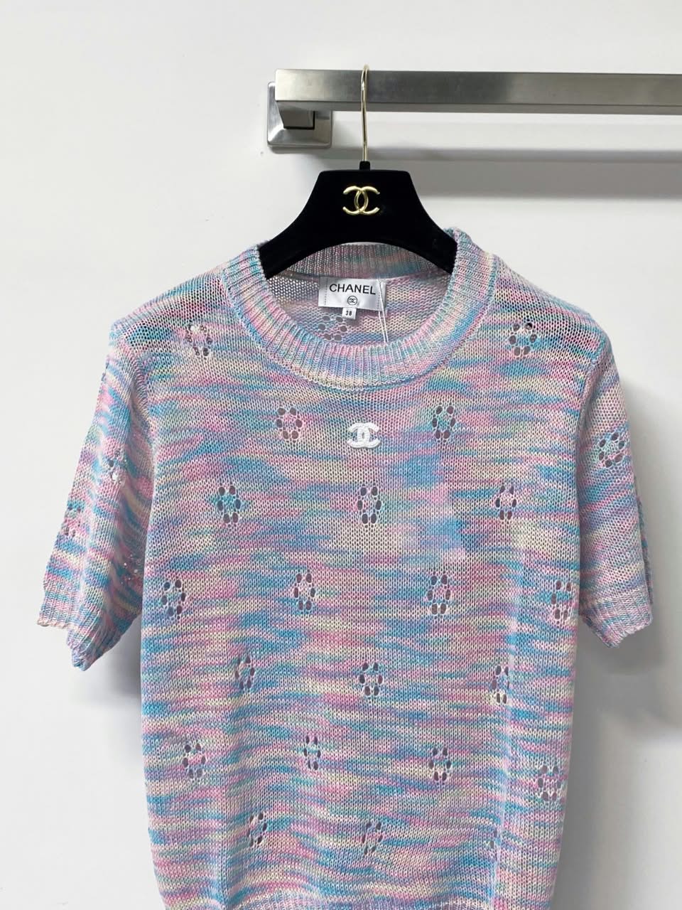 CHANEL Openwork Short-Sleeve Knit Top