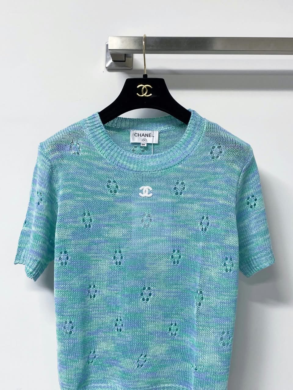CHANEL Openwork Short-Sleeve Knit Top