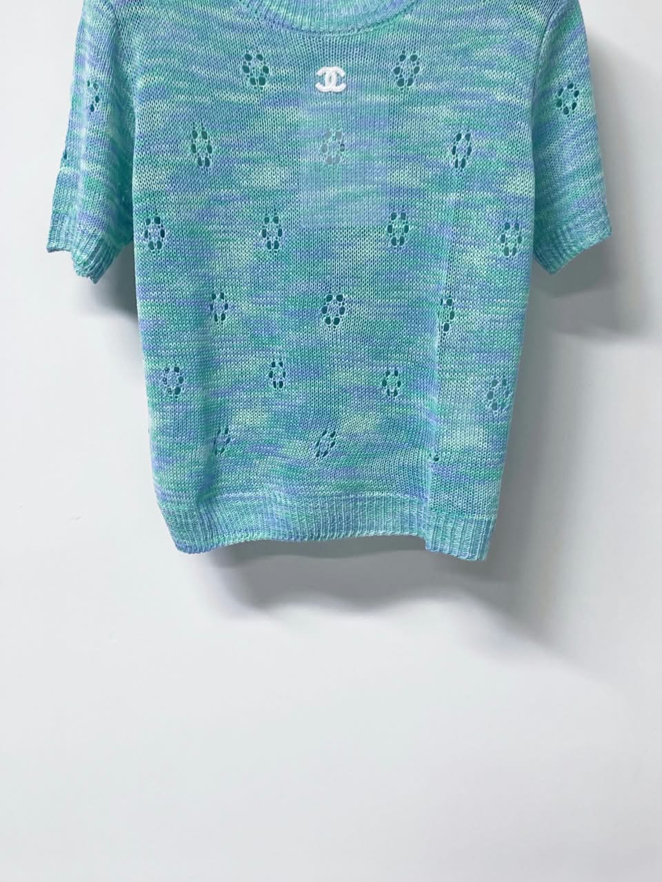 CHANEL Openwork Short-Sleeve Knit Top