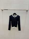 CHANEL Contrast-Trim Long-Sleeve Knit Top