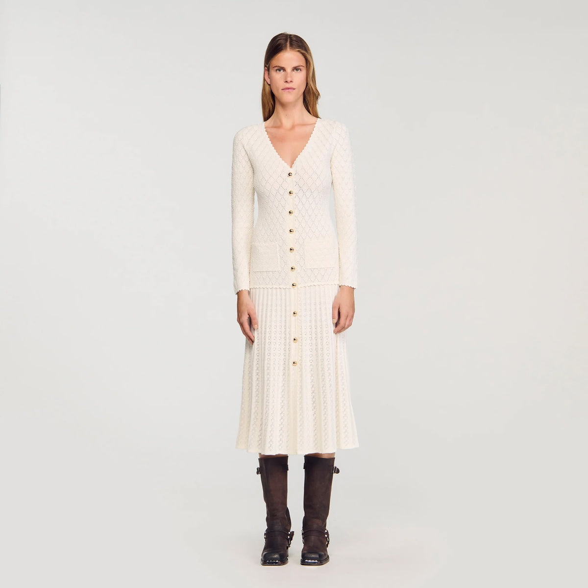 SANDRO V-Neck Button-Front Long-Sleeve Midi Dress