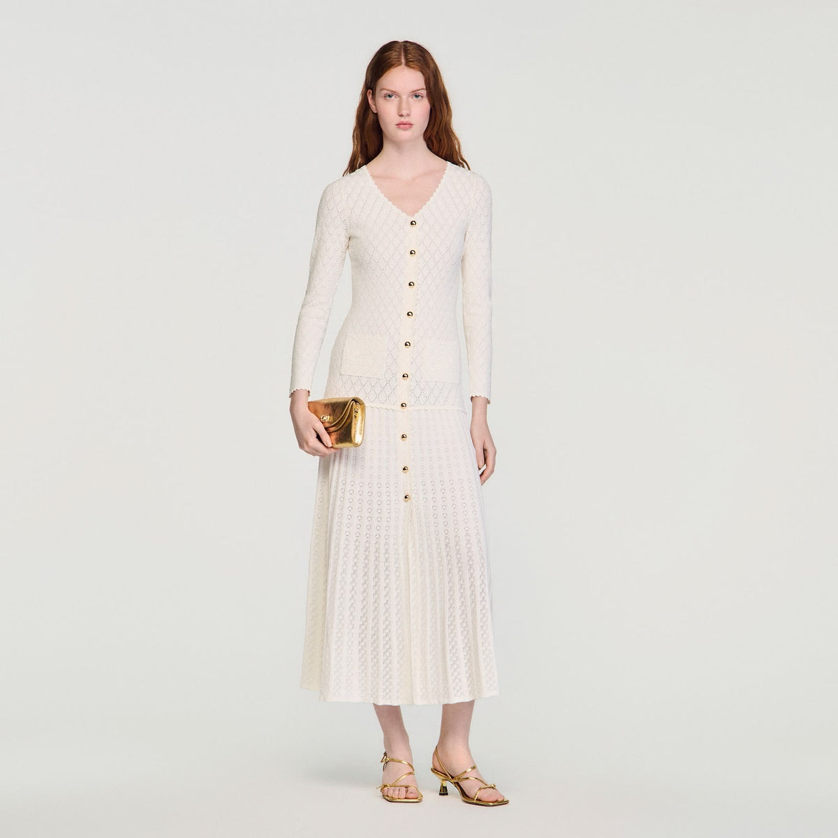 SANDRO V-Neck Button-Front Long-Sleeve Midi Dress