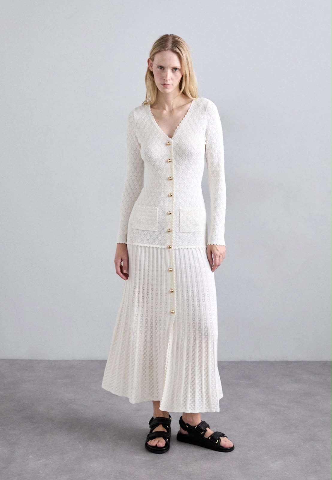 SANDRO V-Neck Button-Front Long-Sleeve Midi Dress