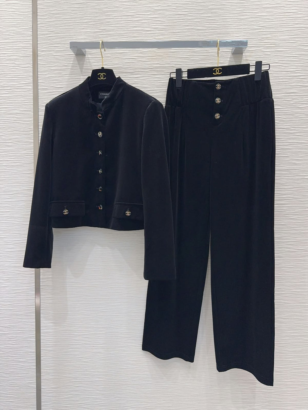 CHANEL Button-Front Jacket and Wide-Leg Trousers Set