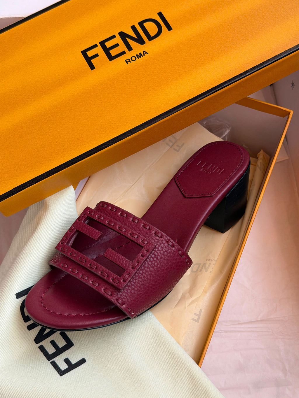 FENDI FF Cutout Block-Heel Mules