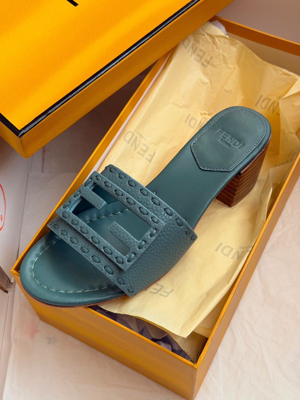 FENDI FF Cutout Block-Heel Mules