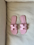 HERMES H-Cutout Flat Slides - Pink and Tan