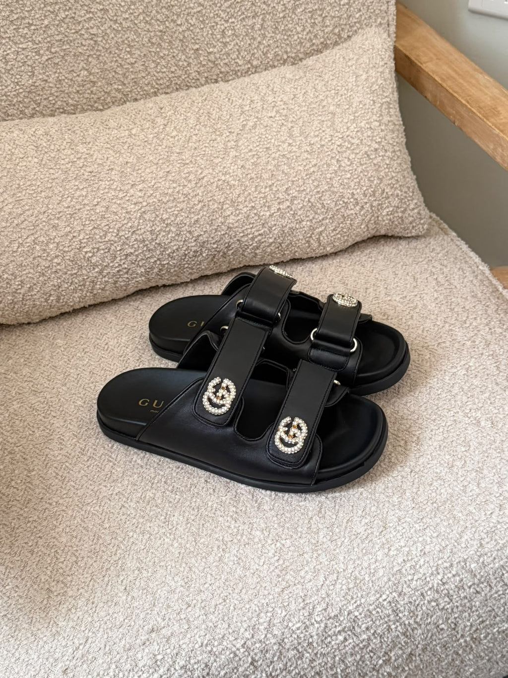 Gucci GG Embellished Double-Strap Flat Slides