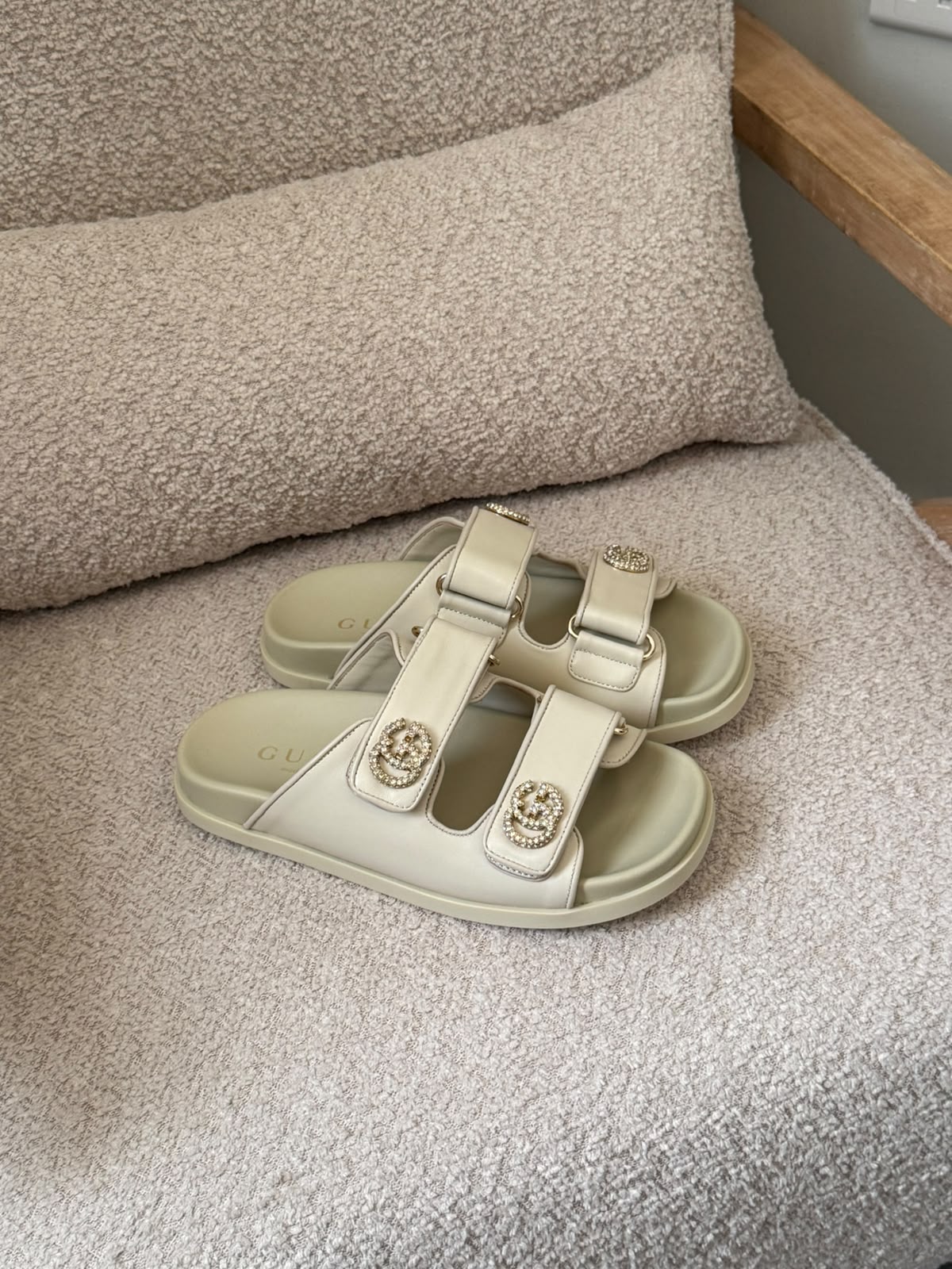 Gucci GG Embellished Double-Strap Flat Slides