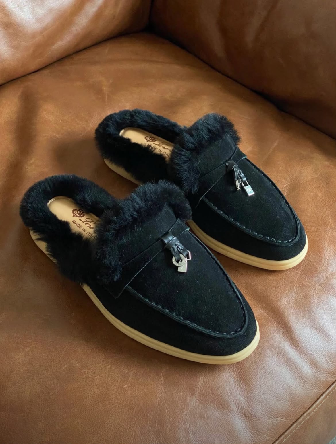 Loro Piana Plush-Trim Charm Mule Loafers