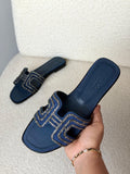 Hermes Embellished-Line H-Cutout Flat Slides