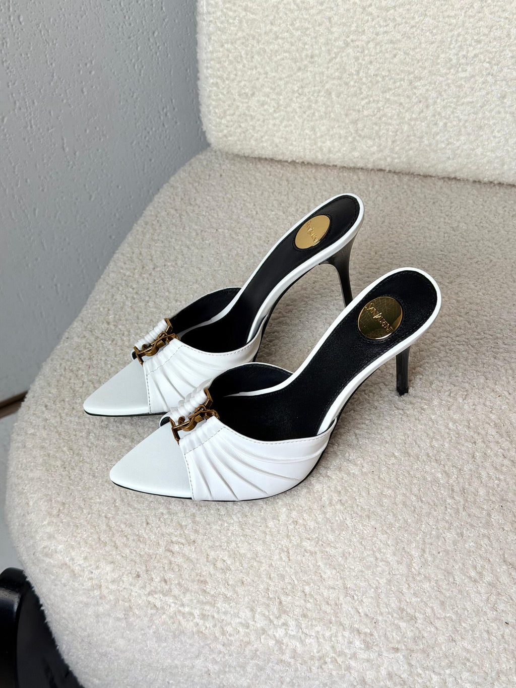 Saint Laurent Pleated Monogram Heel Mules