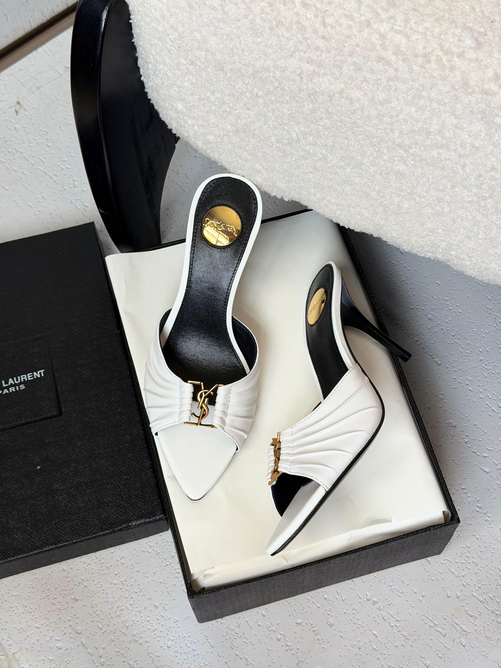 Saint Laurent Pleated Monogram Heel Mules