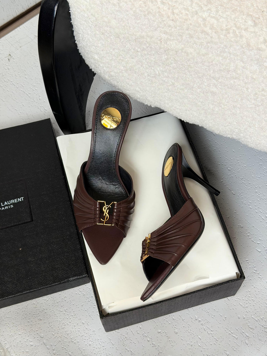 Saint Laurent Pleated Monogram Heel Mules
