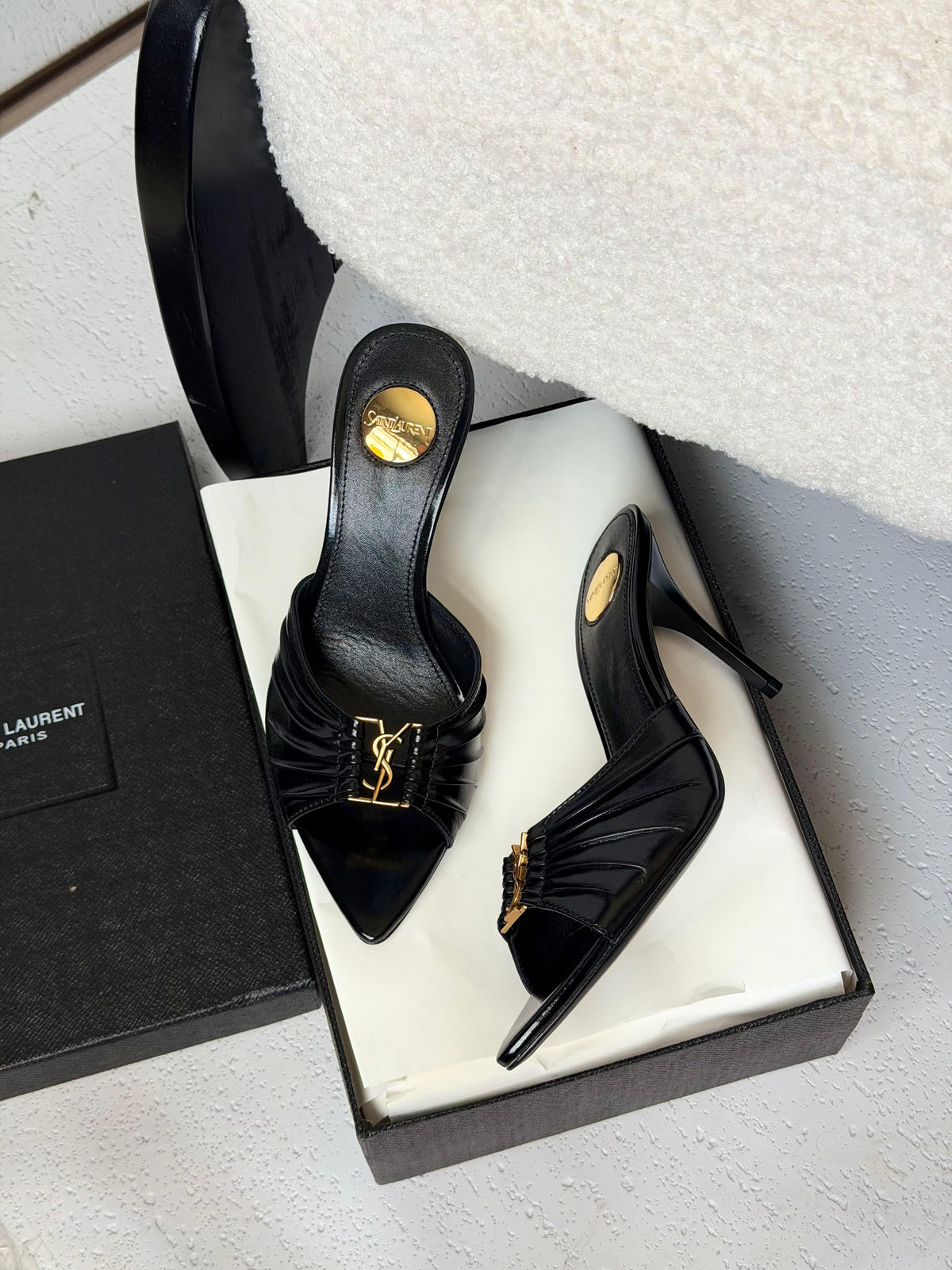 Saint Laurent Pleated Monogram Heel Mules