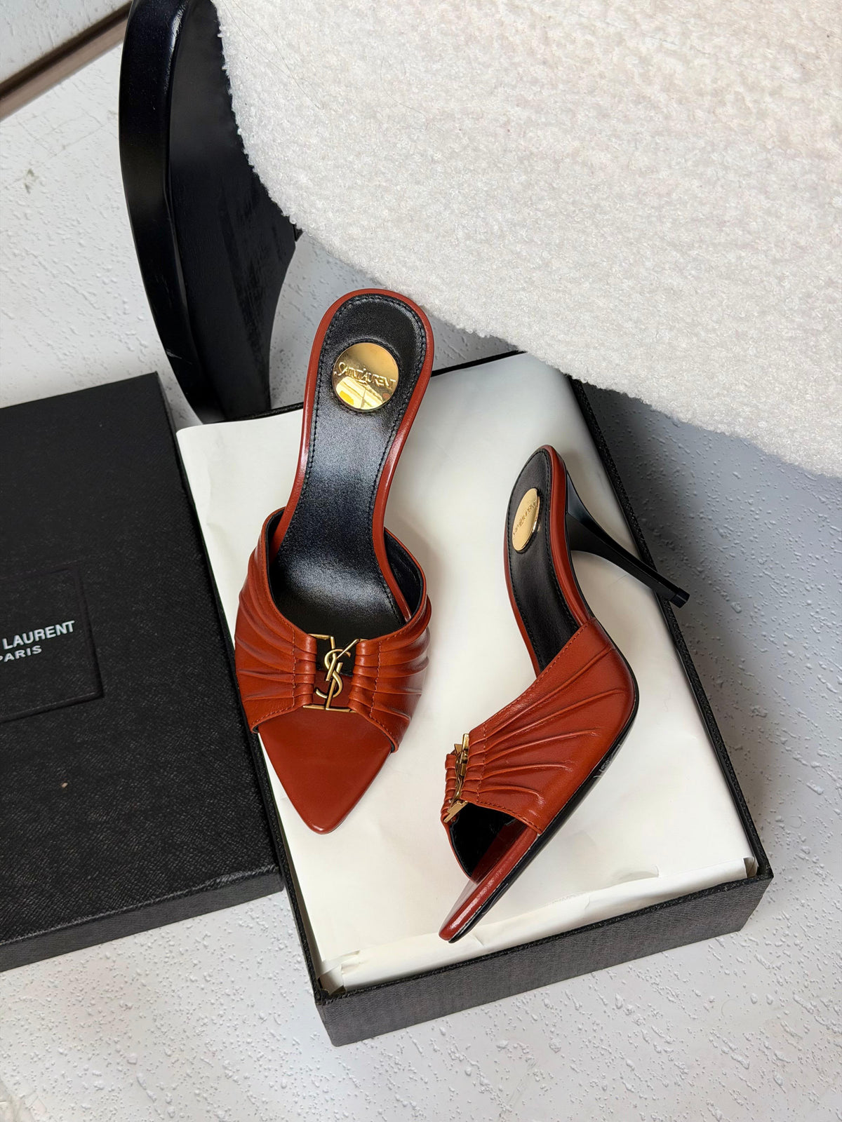 Saint Laurent Pleated Monogram Heel Mules