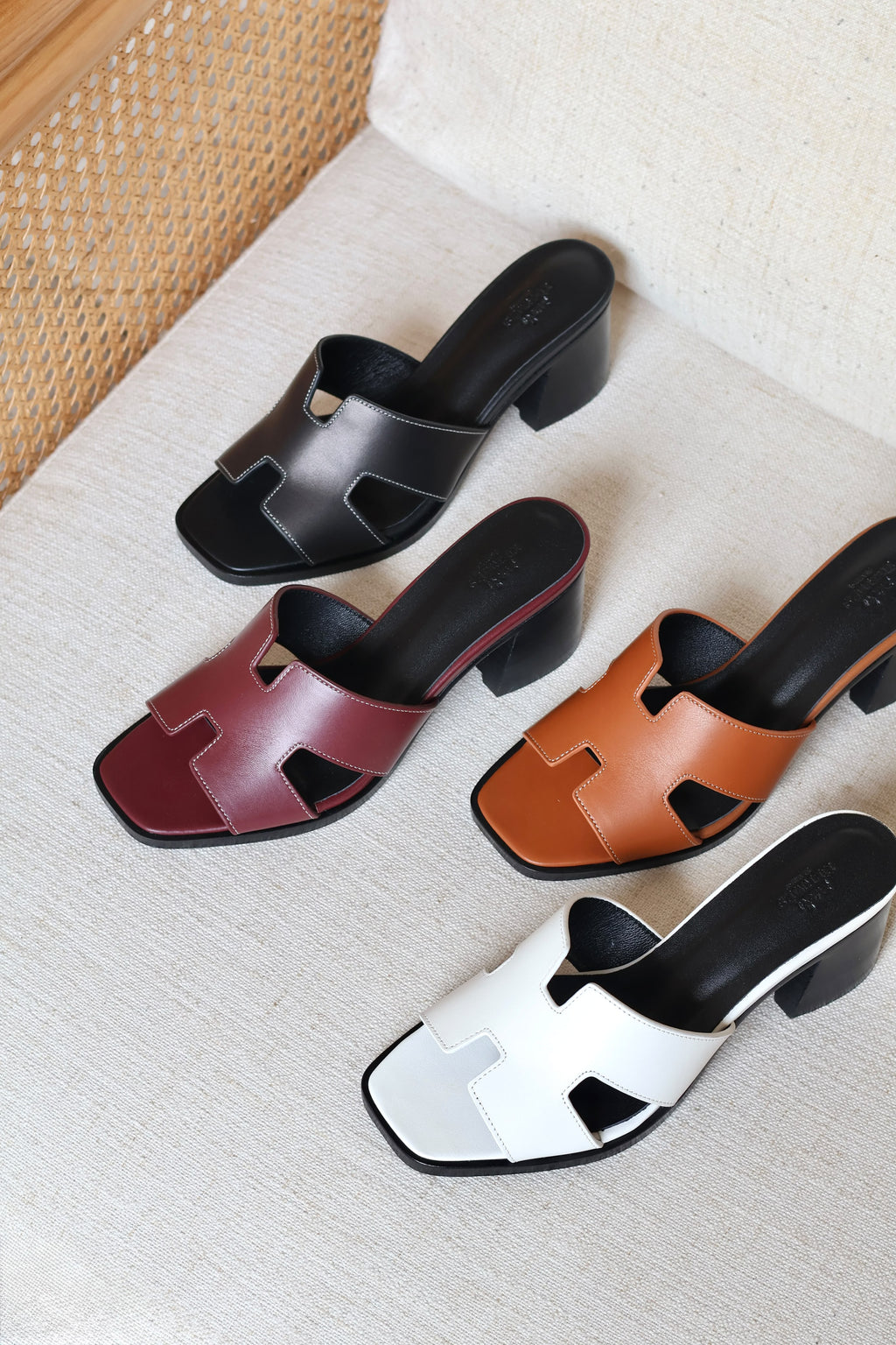 Hermes Contrast-Stitch H-Cutout Block-Heel Mules