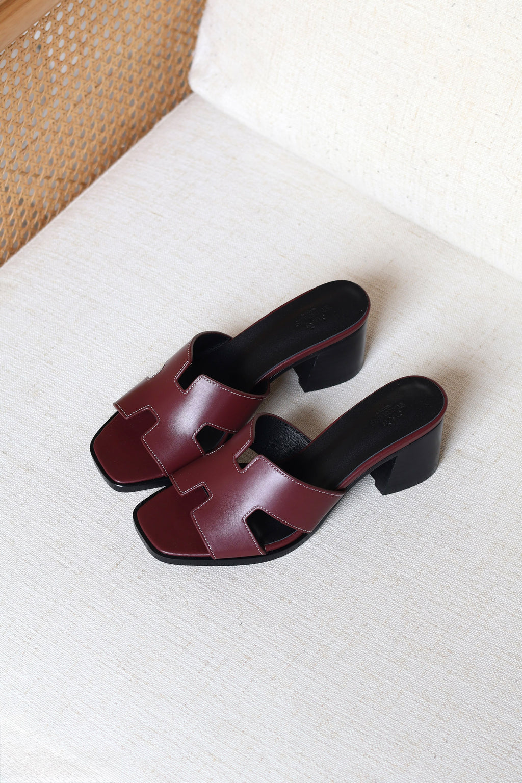 Hermes Contrast-Stitch H-Cutout Block-Heel Mules