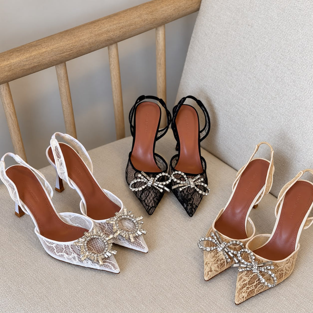 Amina Muaddi Embellished Lace Slingback Pumps