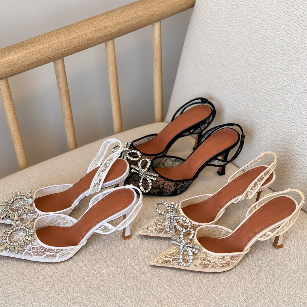 Amina Muaddi Embellished Lace Slingback Pumps