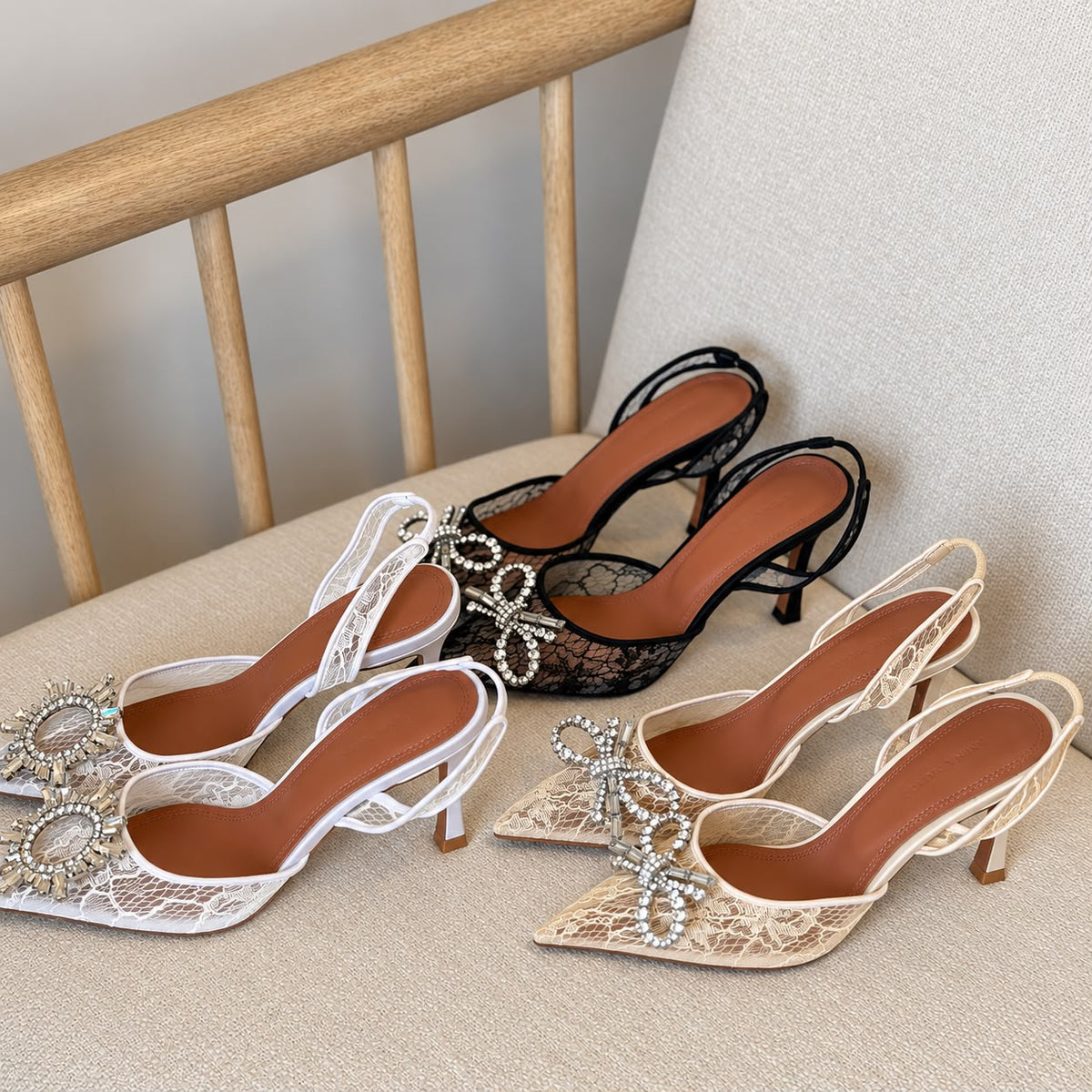 Amina Muaddi Embellished Lace Slingback Pumps