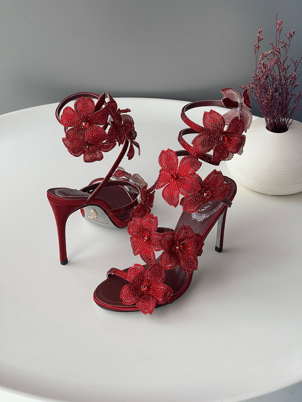 Rene Caovilla Floral Spiral-Ankle Heel Sandals