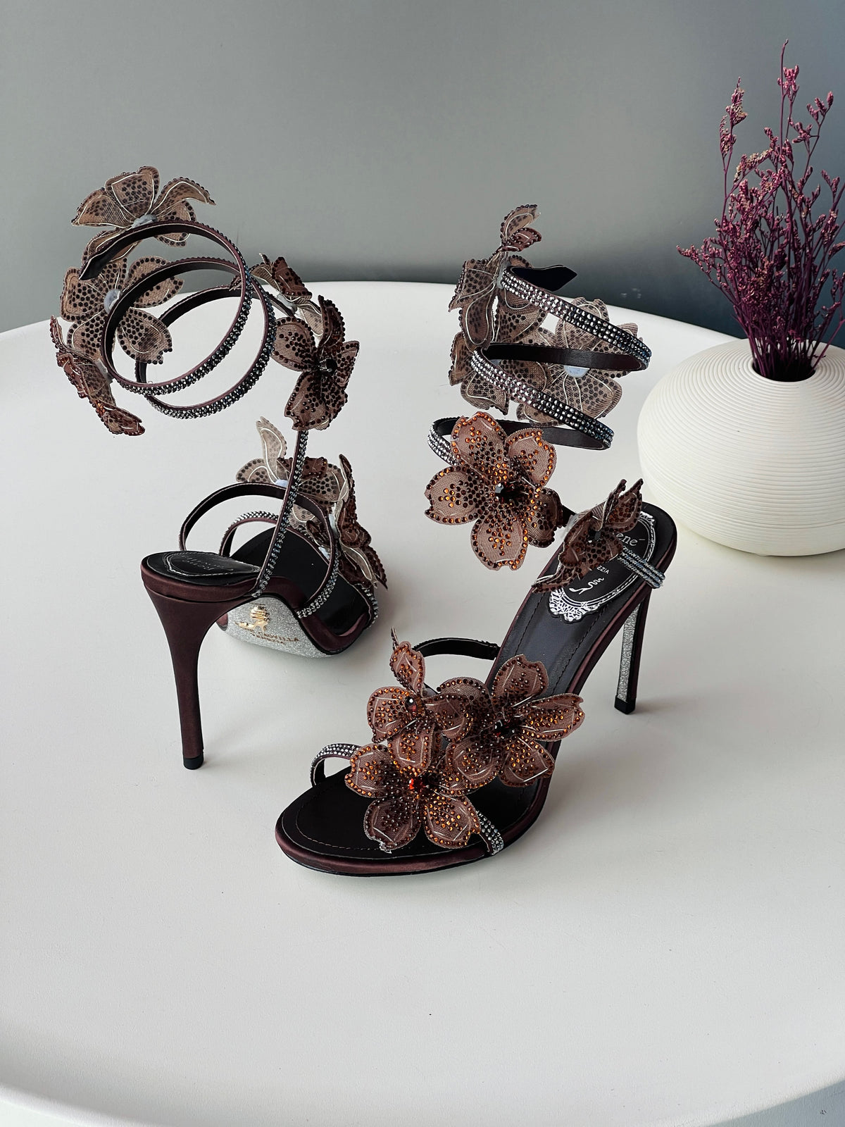 Rene Caovilla Floral Spiral-Ankle Heel Sandals