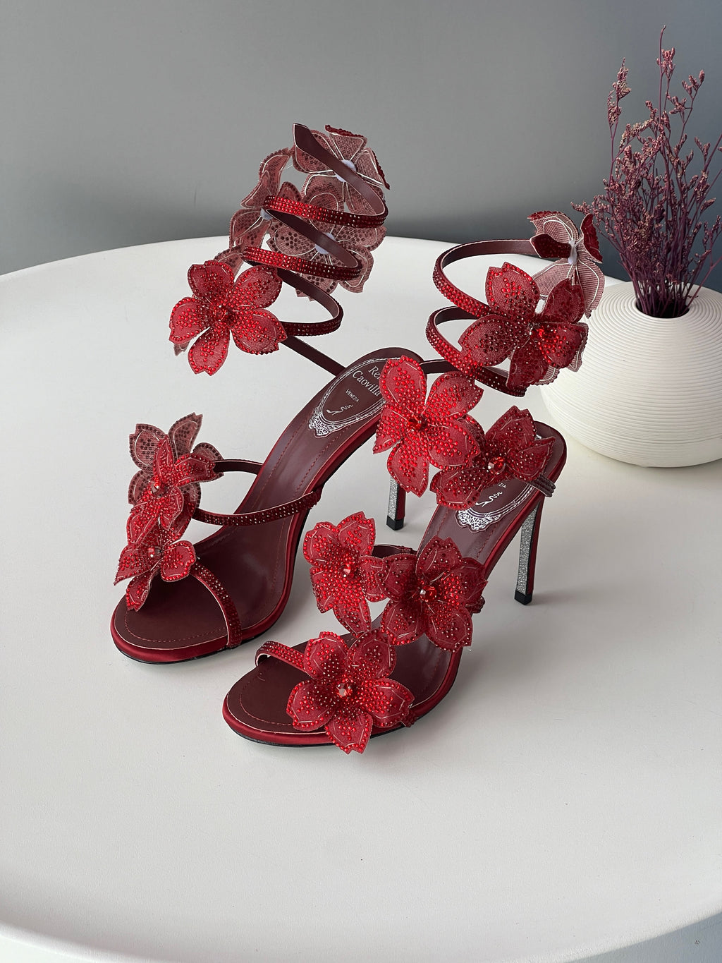 Rene Caovilla Floral Spiral-Ankle Heel Sandals