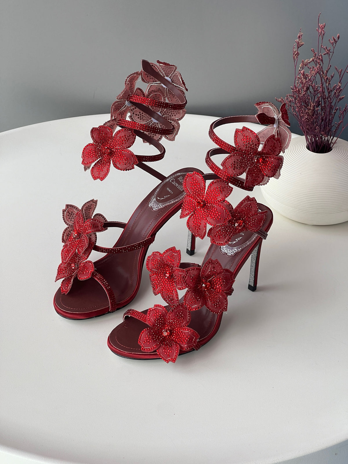 Rene Caovilla Floral Spiral-Ankle Heel Sandals