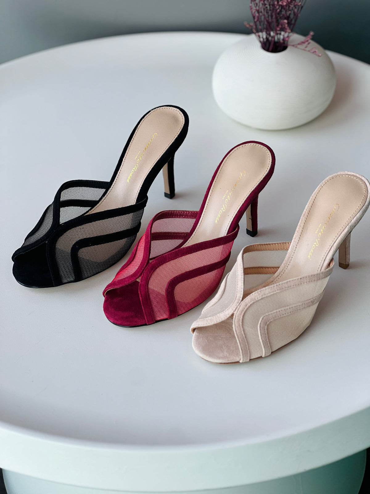 Gianvito Rossi Curved-Trim Mesh Heel Mules