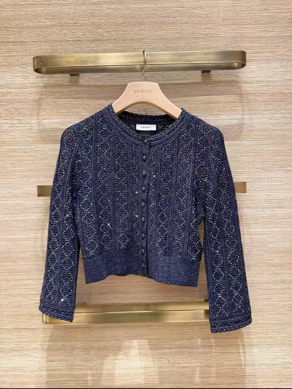 SANDRO Rhinestone Knit Cropped Cardigan