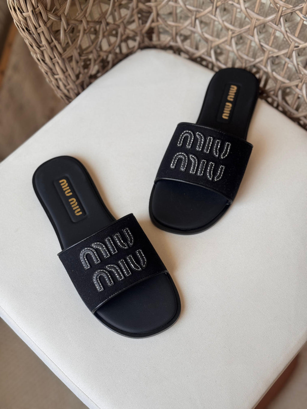 Miu Miu Canvas and leather slide sandals