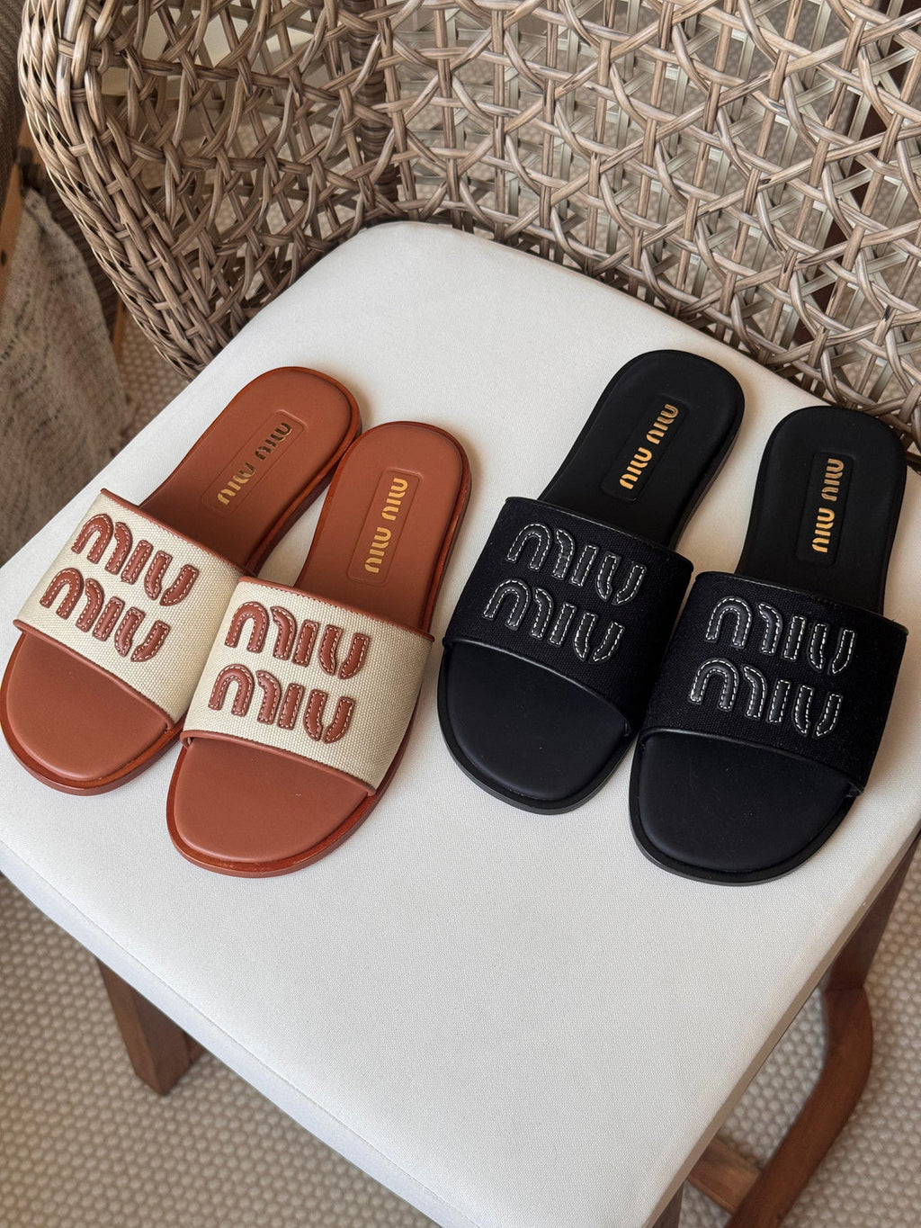 Miu Miu Canvas and leather slide sandals