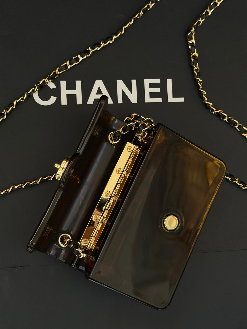 Chanel Mini Evening Bag
Tortoiseshell-patterned plexiglass body and gold-tone chain strap