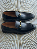 Gucci Black Leather Web Horsebit Loafers