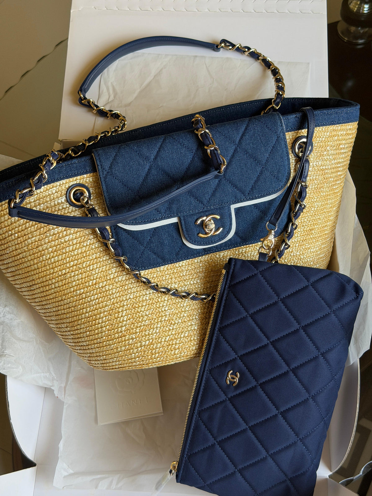 Chanel Raffia and Denim tote bag