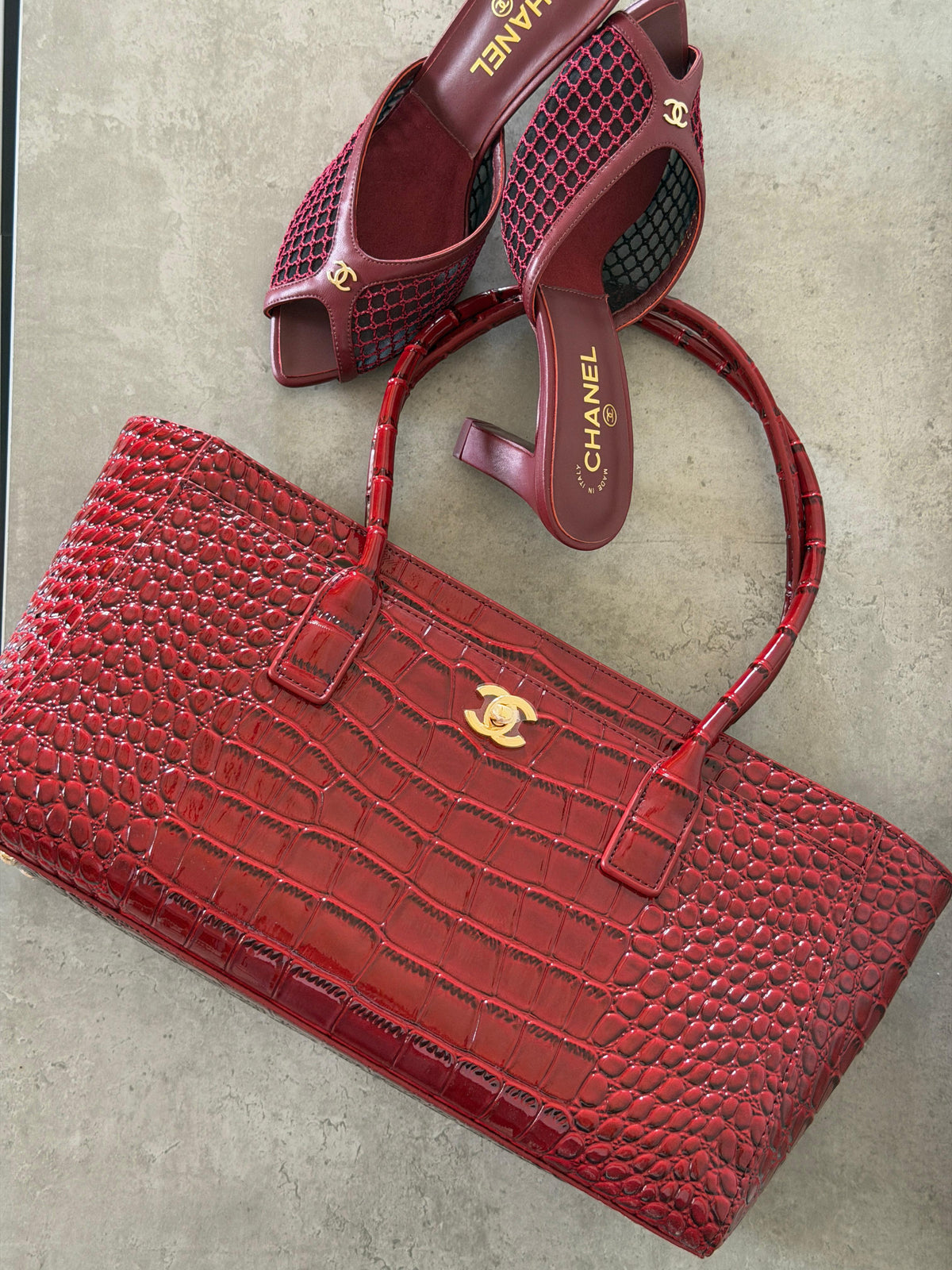 Chanel Small Tote in a crocodile embossed calfskin with gold - tone hardware