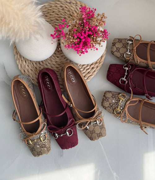Buy Gucci Burgundy Horsebit Ballerina Flats
