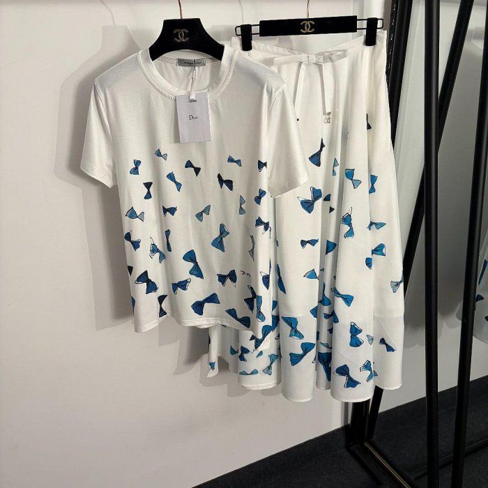 Dioriviera Short-Sleeved Blouse White Cotton Poplin with Blue Dior Bows