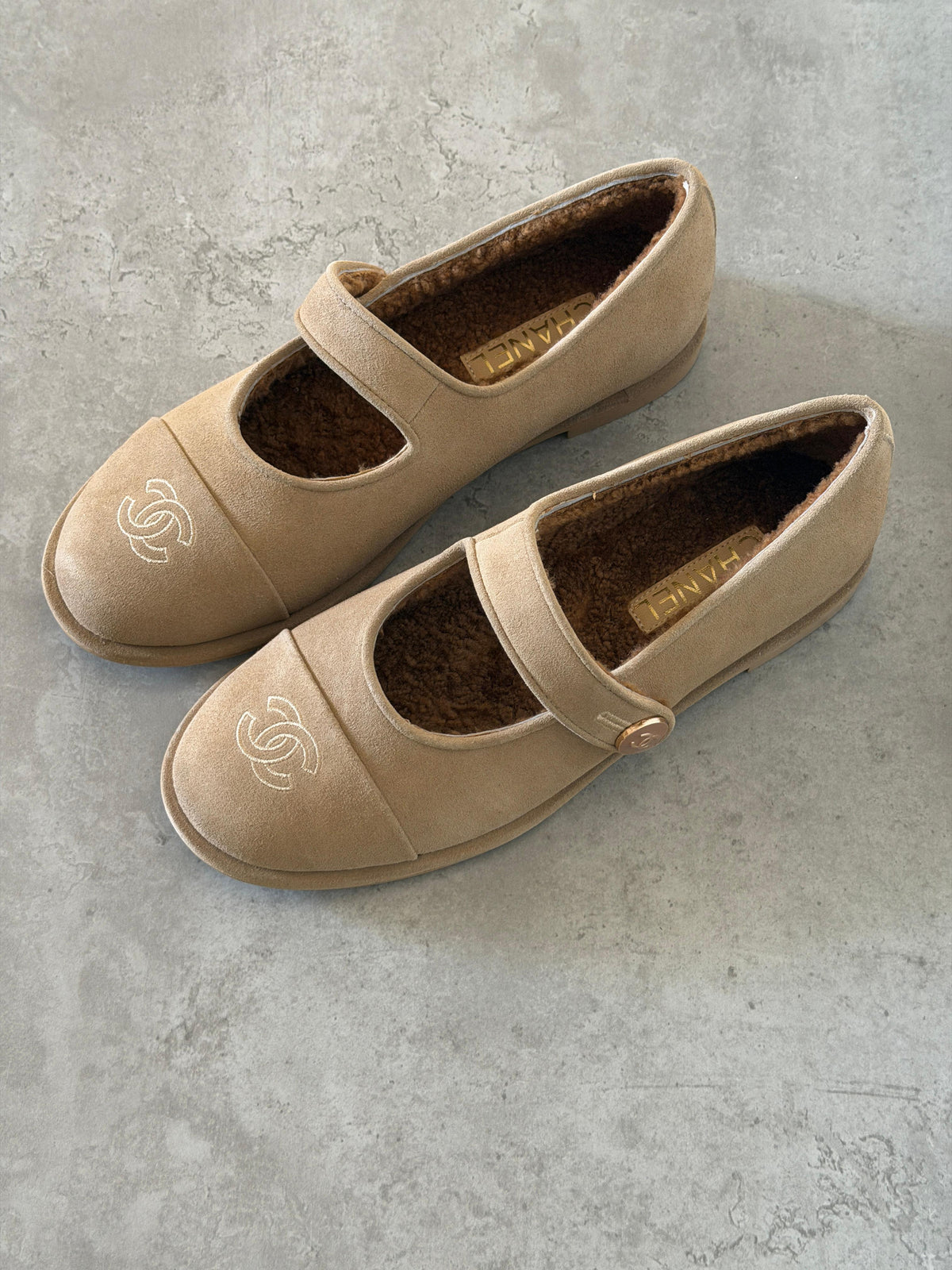 Chanel Suede Shearling Mary Jane Flats