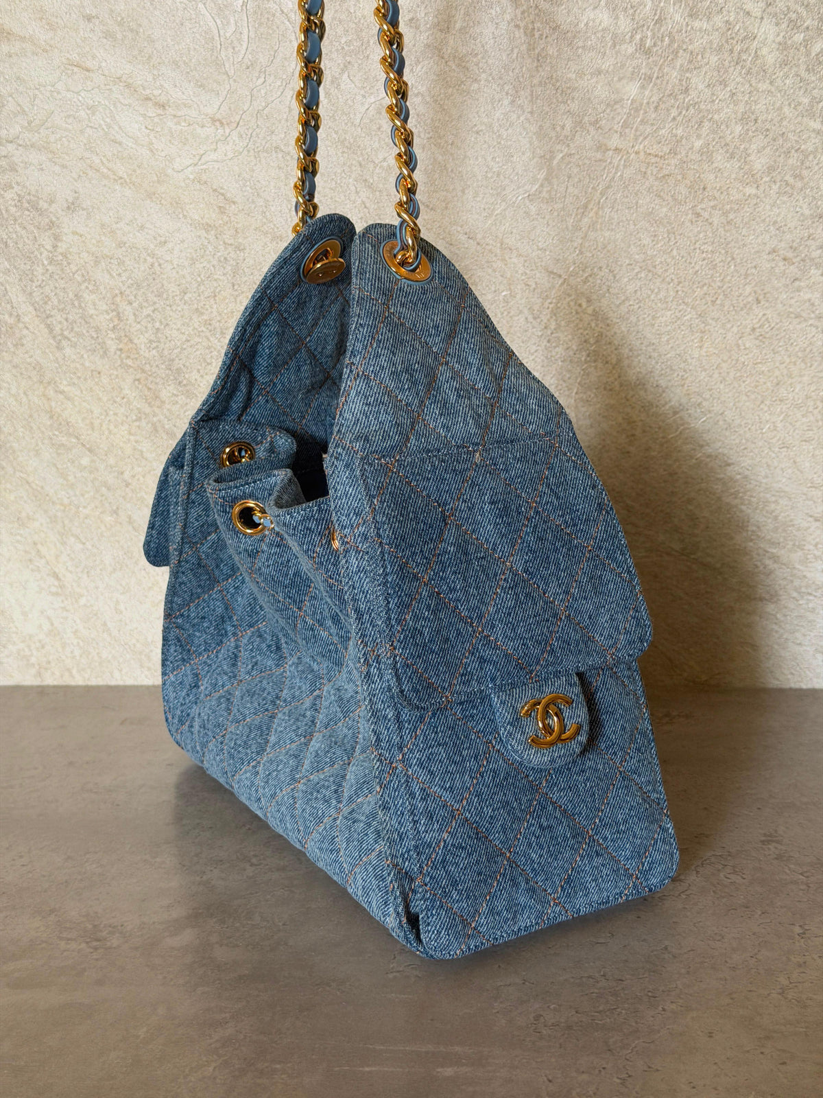 Chanel 25 Mini Handbag in Washed Denim & Gold Tone Metal
