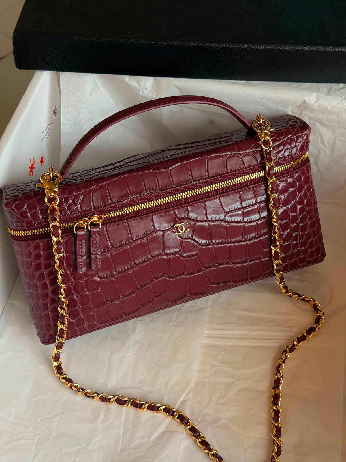 Chanel Crocodile Embossed Calfskin Slim Top Handle Vanity Case with Chain
