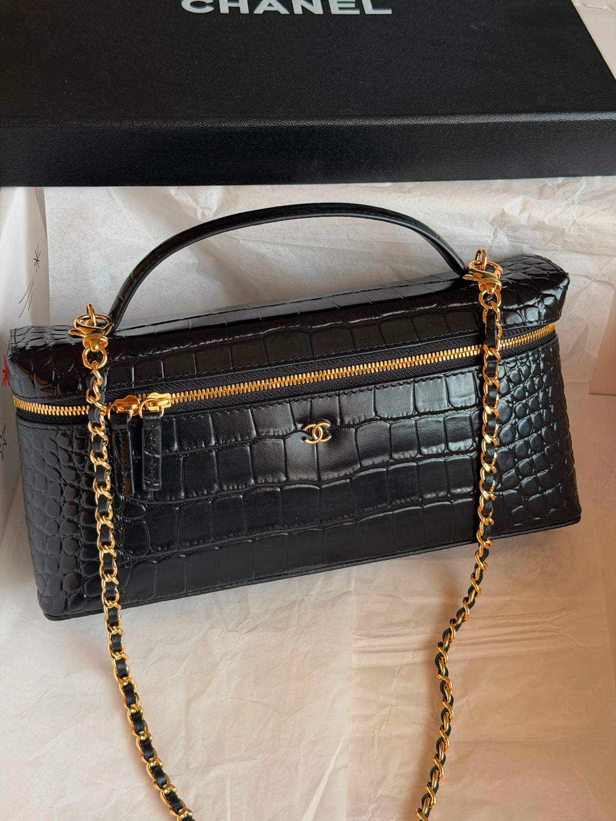 Chanel Crocodile Embossed Calfskin Slim Top Handle Vanity Case with Chain