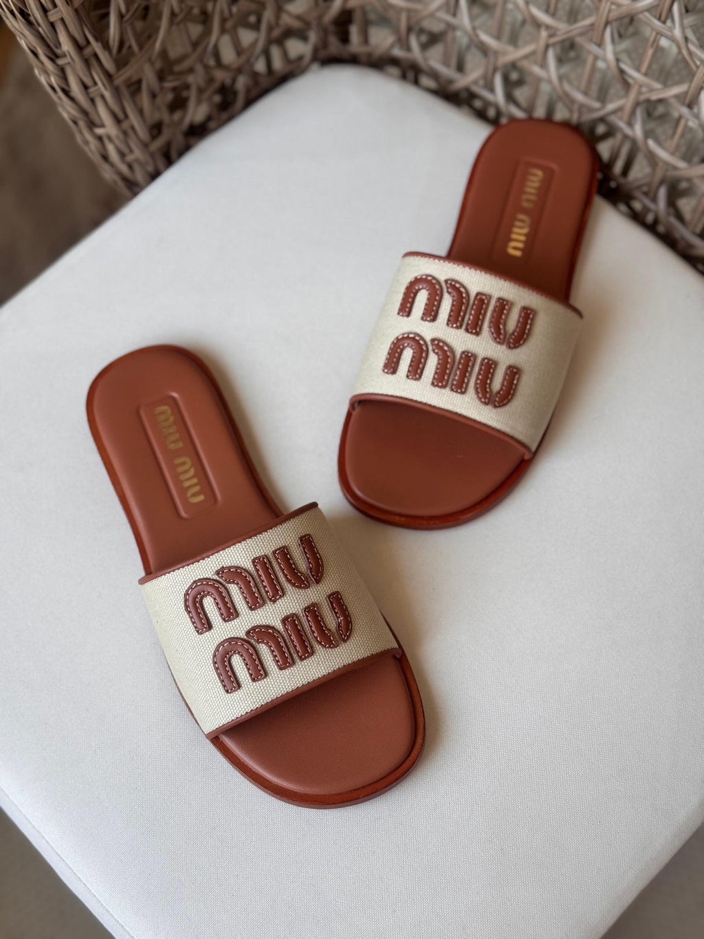 Miu Miu Canvas and leather slide sandals