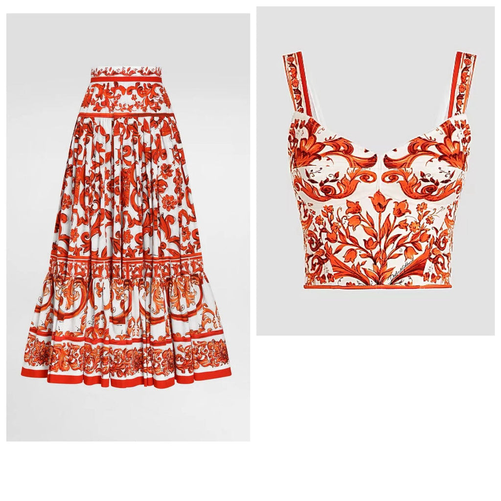 Dolce & Gabbana Orange Majolica-print Crop Top Set