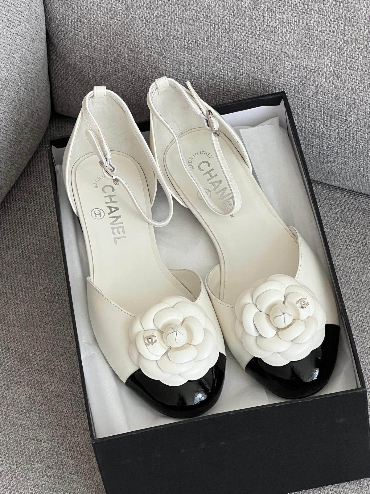 Chanel Lambskin Patent Calfskin Cap Toe Camellia Mary Jane Flats